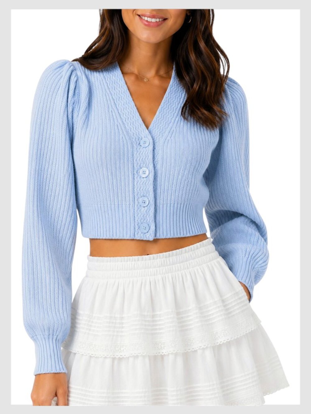 LoveShackFancy Puff Sleeve Cropped Cardigan Baby Blue XS